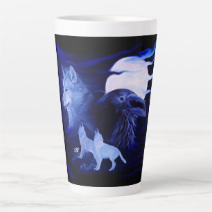 Wolves and Raven with full moon Latte Mug