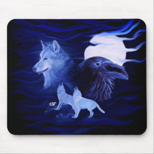 Wolves and Raven with full moon Mouse Pad