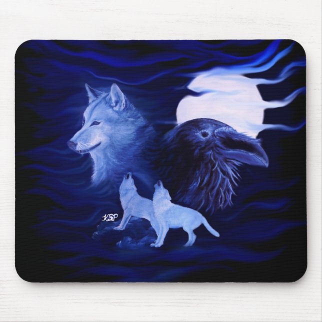 Wolves and Raven with full moon Mouse Pad (Front)
