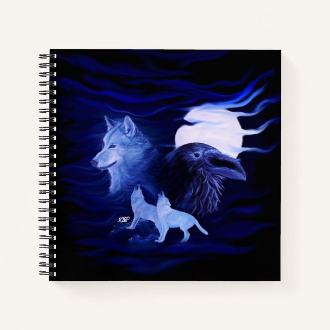 Wolves and Raven with full moon Notebook (Front)
