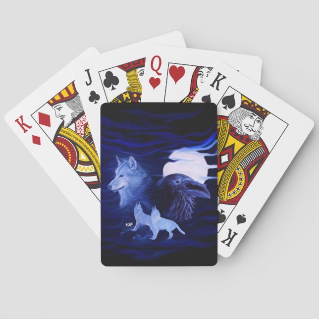 Wolves and Raven with full moon Playing Cards (Back)