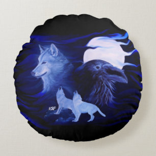 Wolves and Raven with full moon Round Cushion