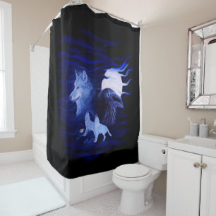 Wolves and Raven with full moon Shower Curtain