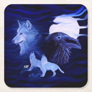 Wolves and Raven with full moon Square Paper Coaster