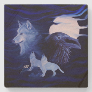 Wolves and Raven with full moon Stone Coaster