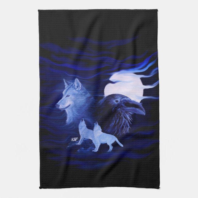 Wolves and Raven with full moon Tea Towel (Vertical)