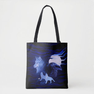 Wolves and Raven with full moon Tote Bag