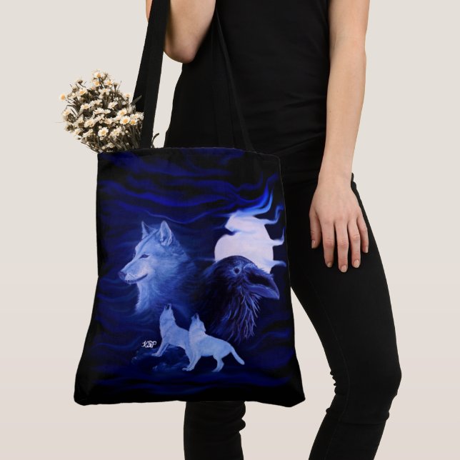 Wolves and Raven with full moon Tote Bag (Close Up)