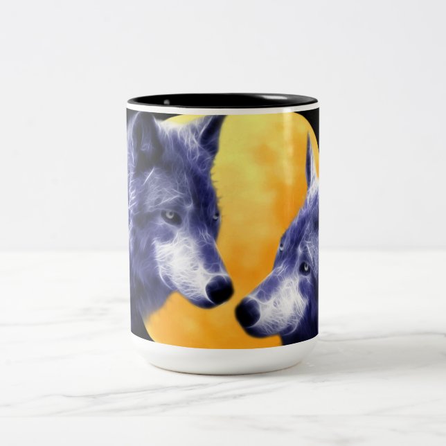 Wolves at full moon Two-Tone coffee mug (Center)