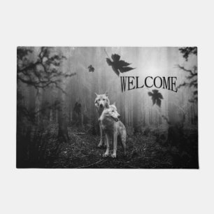 Wolves Black and White Leaf Us Alone Welcome Doormat