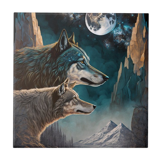 Wolves Full Moon Fantasy Landscape Ceramic Tile (Front)