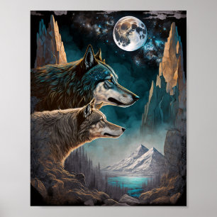 Wolves Full Moon Fantasy Landscape Poster