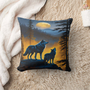 Wolves Howl at Full Moon in Forest Cushion