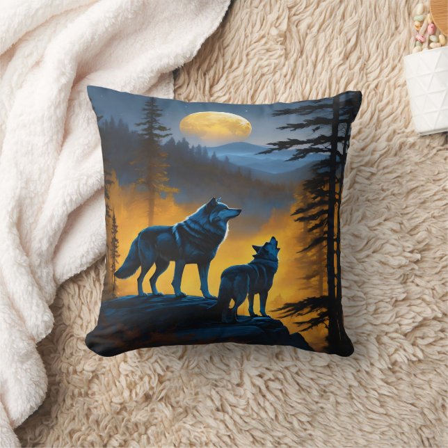 Wolves Howl at Full Moon in Forest Cushion (Blanket)