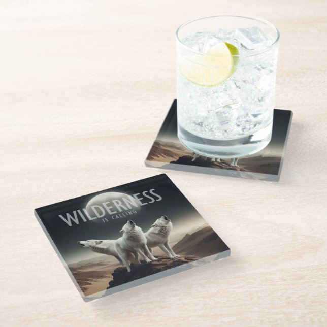 Wolves Howling at Full Moon Wilderness is Calling Glass Coaster (Angled)