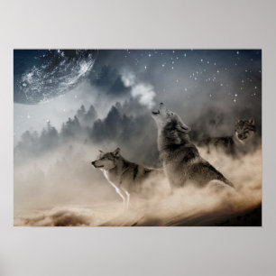 Wolves Howling At The full Moon Poster