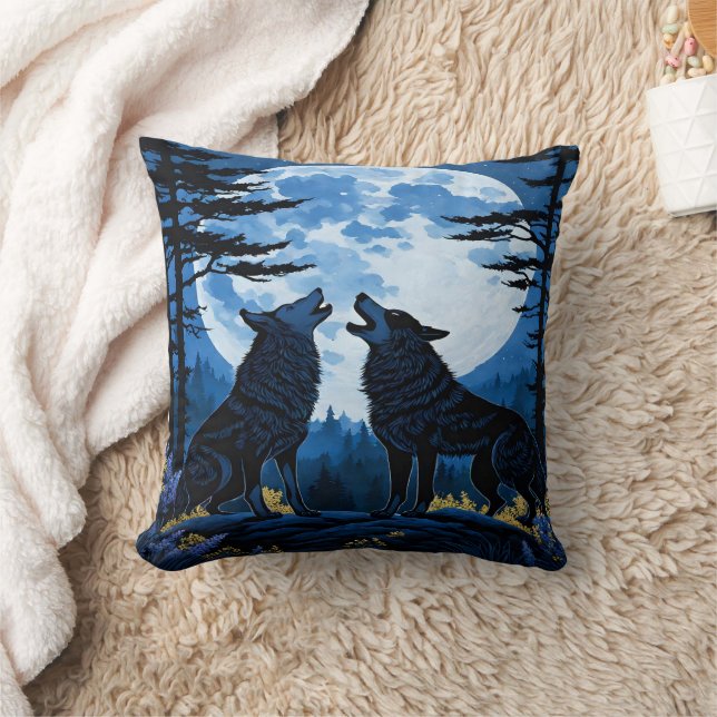 Wolves Howling Under a Full Moon at Night Cushion (Blanket)