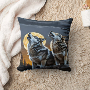 Wolves Howling Under a Full Moon at Twilight Cushion