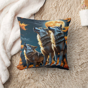 Wolves Howling Under A Full Moon. Cushion