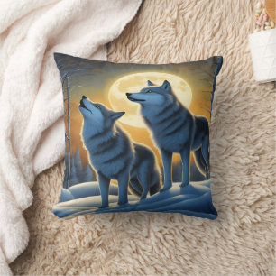 Wolves Howling Under a Full Moon in Winter Cushion