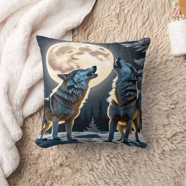 Wolves Howling Under a Full Moon in Winter Forest Cushion (Blanket)