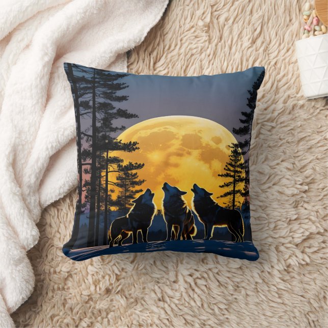 Wolves Howling Under a Full Moon in Winter Night Cushion (Blanket)