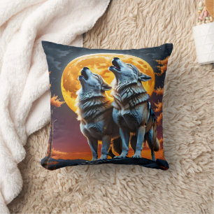 Wolves Howling Under a Glowing Full Moon Cushion