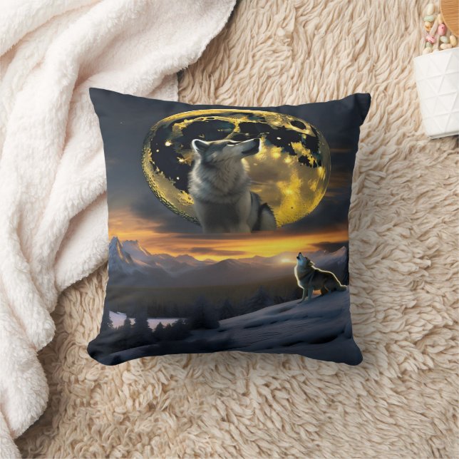 Wolves Howling Under a Golden Moon Cushion (Blanket)
