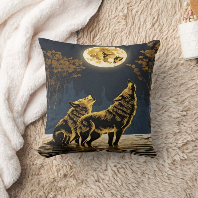Wolves Howling Under a Golden Moonlit Sky Cushion (Blanket)