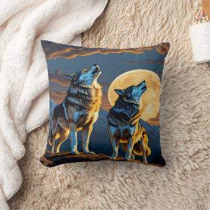 Wolves Howling Under Full Moon Cushion