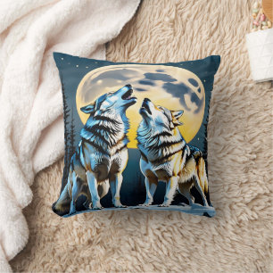 Wolves Howling Under Full Moonlight in Winter Cushion