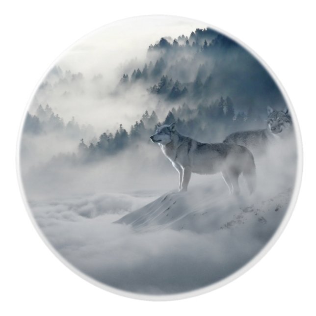 Wolves in a Winter Landscape Ceramic Knob (Front)