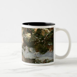 Wolves in a Winter Landscape (oil on panel) Two-Tone Coffee Mug