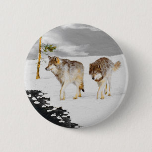Wolves in Snow Painting - Original Wildlife Art 6 Cm Round Badge