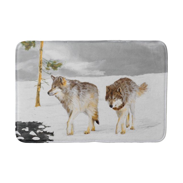 Wolves in Snow Painting - Original Wildlife Art Bath Mat (Front)