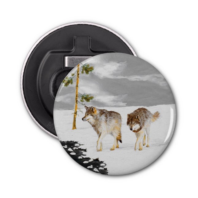 Wolves in Snow Painting - Original Wildlife Art Bottle Opener (Front)