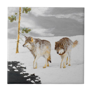 Wolves in Snow Painting - Original Wildlife Art Ceramic Tile