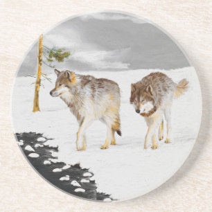 Wolves in Snow Painting - Original Wildlife Art Coaster