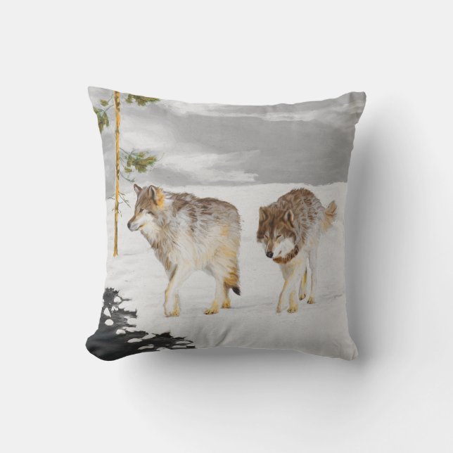 Wolves in Snow Painting - Original Wildlife Art Cushion (Front)