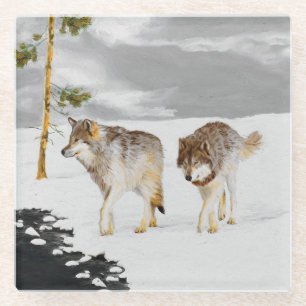 Wolves in Snow Painting - Original Wildlife Art Glass Coaster