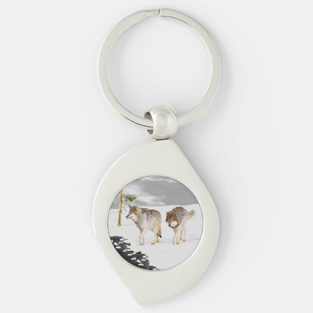 Wolves in Snow Painting - Original Wildlife Art Key Ring (Front)