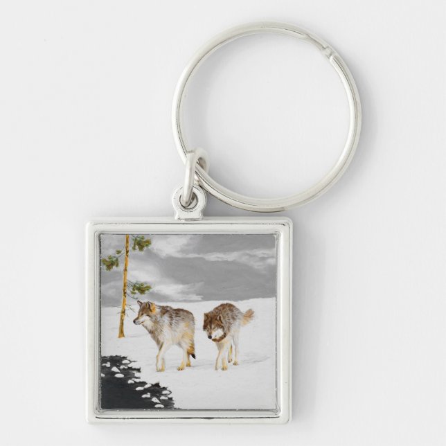 Wolves in Snow Painting - Original Wildlife Art Key Ring (Front)