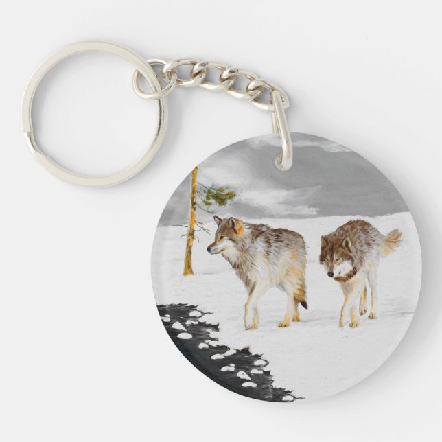 Wolves in Snow Painting - Original Wildlife Art Key Ring (Front)