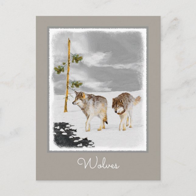 Wolves in Snow Painting - Original Wildlife Art Postcard (Front)