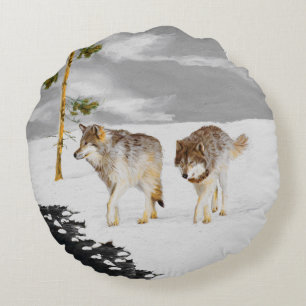 Wolves in Snow Painting - Original Wildlife Art Round Cushion