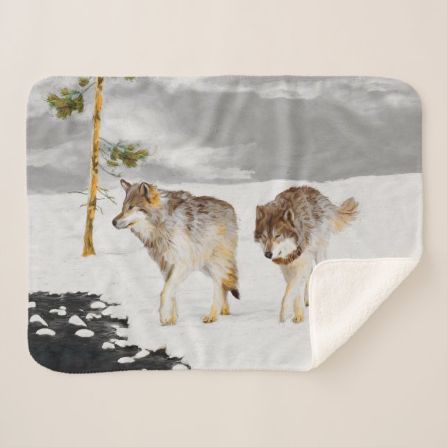 Wolves in Snow Painting - Original Wildlife Art Sherpa Blanket (Front (Horizontal))