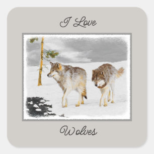 Wolves in Snow Painting - Original Wildlife Art Square Sticker