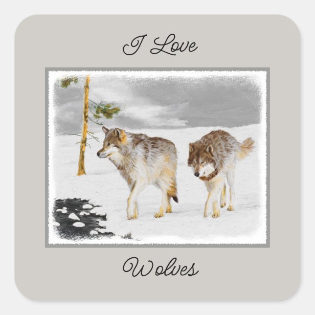 Wolves in Snow Painting - Original Wildlife Art Square Sticker (Front)