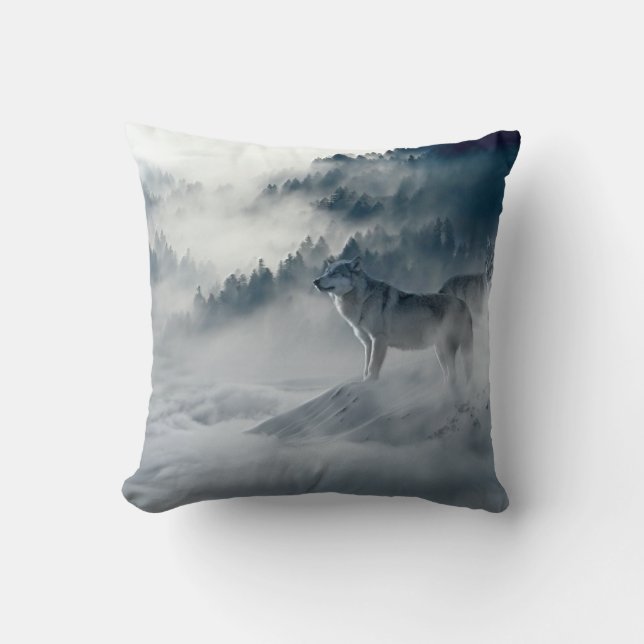 Wolves in Snowy Winter Landscape Cushion (Front)