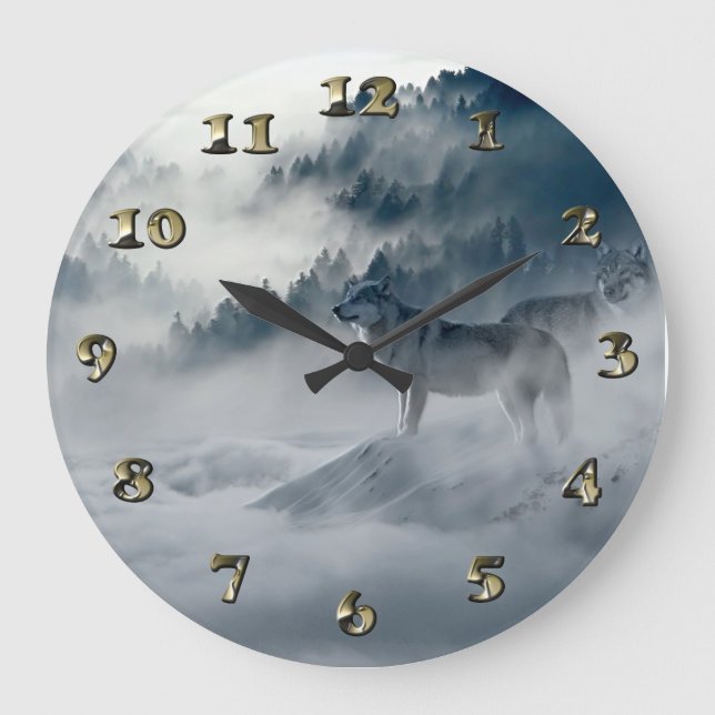 Wolves in Snowy Winter Landscape Large Clock (Front)
